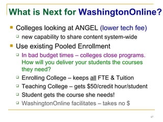 What is Next for  WashingtonOnline? Colleges looking at ANGEL  (lower tech fee) new capability to share content system-wide Use existing Pooled Enrollment In bad budget times – colleges close programs.  How will you deliver your students the courses they need? Enrolling College – keeps  all  FTE & Tuition Teaching College – gets $50/credit hour/student Student gets the course she needs! WashingtonOnline facilitates – takes no $ 