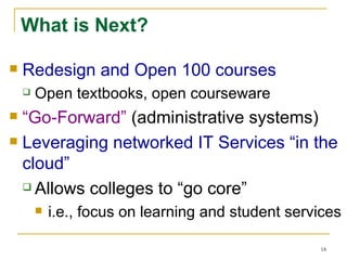 What is Next? Redesign and Open 100 courses Open textbooks, open courseware “ Go-Forward”  (administrative systems) Leveraging networked IT Services “in the cloud” Allows colleges to “go core” i.e., focus on learning and student services 