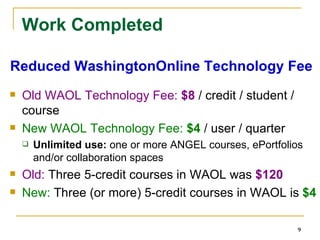 Work Completed Reduced WashingtonOnline Technology Fee Old WAOL Technology Fee:  $8  / credit / student / course New WAOL Technology Fee:  $4  / user / quarter Unlimited use:  one or more ANGEL courses, ePortfolios and/or collaboration spaces Old:  Three 5-credit courses in WAOL was  $120 New:  Three (or more) 5-credit courses in WAOL is  $4 