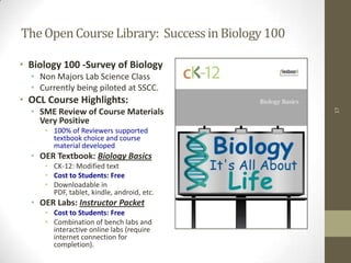 TheOpenCourseLibrary: SuccessinBiology100
• Biology 100 -Survey of Biology
• Non Majors Lab Science Class
• Currently bein...