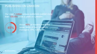 PUBLISHING ON LINKEDIN
Our over 1 million unique publishers publish more
than 130,000 posts a week on LinkedIn.
45%
About ...