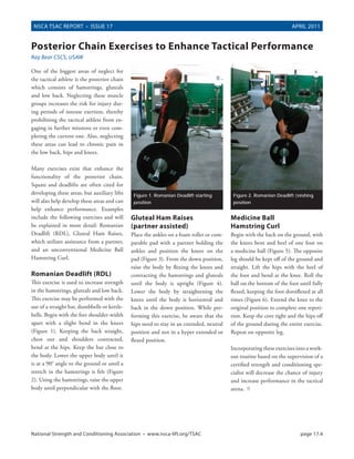 NSCA TSAC REPORT • ISSUE 17                                                                                          APRIL 2011


Posterior Chain Exercises to Enhance Tactical Performance
Ray Bear CSCS, USAW

One of the biggest areas of neglect for
the tactical athlete is the posterior chain
which consists of hamstrings, gluteals
and low back. Neglecting these muscle
groups increases the risk for injury dur-
ing periods of intense exertion, thereby
prohibiting the tactical athlete from en-
gaging in further missions or even com-
pleting the current one. Also, neglecting
these areas can lead to chronic pain in
the low back, hips and knees.

Many exercises exist that enhance the
functionality of the posterior chain.
Squats and deadlifts are often cited for
developing these areas, but auxiliary lifts    Figure 1. Romanian Deadlift starting        Figure 2. Romanian Deadlift ﬁnishing
will also help develop these areas and can     position                                    position
help enhance performance. Examples
include the following exercises and will      Gluteal Ham Raises                          Medicine Ball
be explained in more detail: Romanian         (partner assisted)                          Hamstring Curl
Deadlift (RDL), Gluteal Ham Raises,           Place the ankles on a foam roller or com-   Begin with the back on the ground, with
which utilizes assistance from a partner,     parable pad with a partner holding the      the knees bent and heel of one foot on
and an unconventional Medicine Ball           ankles and position the knees on the        a medicine ball (Figure 5). The opposite
Hamstring Curl.                               pad (Figure 3). From the down position,     leg should be kept off of the ground and
                                              raise the body by flexing the knees and     straight. Lift the hips with the heel of
Romanian Deadlift (RDL)                       contracting the hamstrings and gluteals     the foot and bend at the knee. Roll the
This exercise is used to increase strength    until the body is upright (Figure 4).       ball on the bottom of the foot until fully
in the hamstrings, gluteals and low back.     Lower the body by straightening the         flexed, keeping the foot dorsiflexed at all
This exercise may be performed with the       knees until the body is horizontal and      times (Figure 6). Extend the knee to the
use of a straight bar, dumbbells or kettle-   back in the down position. While per-       original position to complete one repeti-
bells. Begin with the feet shoulder-width     forming this exercise, be aware that the    tion. Keep the core tight and the hips off
apart with a slight bend in the knees         hips need to stay in an extended, neutral   of the ground during the entire exercise.
(Figure 1). Keeping the back straight,        position and not in a hyper extended or     Repeat on opposite leg.
chest out and shoulders contracted,           flexed position.
bend at the hips. Keep the bar close to                                                   Incorporating these exercises into a work-
the body. Lower the upper body until it                                                   out routine based on the supervision of a
is at a 90° angle to the ground or until a                                                certified strength and conditioning spe-
stretch in the hamstrings is felt (Figure                                                 cialist will decrease the chance of injury
2). Using the hamstrings, raise the upper                                                 and increase performance in the tactical
body until perpendicular with the floor.                                                  arena. °




National Strength and Conditioning Association • www.nsca-lift.org/TSAC                                                   page 17.4
 