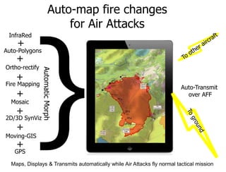 Auto-map fire changes
                            for Air Attacks
 InfraRed
    +
Auto-Polygons
    +
Ortho-rectify
                Automatic Morph




    +
Fire Mapping
                                                                          Auto-Transmit
    +                                                                       over AFF
  Mosaic
    +
2D/3D SynViz
    +
Moving-GIS
    +
   GPS

  Maps, Displays & Transmits automatically while Air Attacks fly normal tactical mission
 
