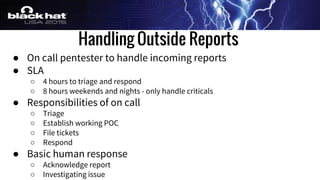 Handling Outside Reports
● On call pentester to handle incoming reports
● SLA
○ 4 hours to triage and respond
○ 8 hours weekends and nights - only handle criticals
● Responsibilities of on call
○ Triage
○ Establish working POC
○ File tickets
○ Respond
● Basic human response
○ Acknowledge report
○ Investigating issue
 