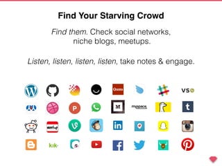 Find them. Check social networks,
niche blogs, meetups.
Listen, listen, listen, listen, take notes & engage.
Find Your Starving Crowd
 