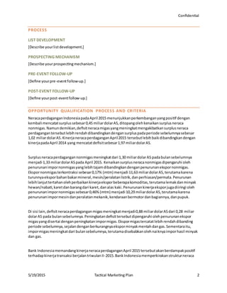 Confidential
5/19/2015 Tactical Marketing Plan 2
PROCESS
LIST DEVELOPMENT
[Describe yourlistdevelopment.]
PROSPECTING MECHANISM
[Describe yourprospectingmechanism.]
PRE-EVENT FOLLOW-UP
[Define yourpre-eventfollow-up.]
POST-EVENT FOLLOW-UP
[Define yourpost-eventfollow-up.]
OPPORTUNITY QUALIFICATION PROCESS AND CRITERIA
NeracaperdaganganIndonesiapadaApril 2015 menunjukkanperkembanganyangpositif dengan
kembali mencatatsurplussebesar0,45 miliardolarAS,ditopangolehkenaikansurplusneraca
nonmigas.Namundemikian,defisitneracamigasyangmeningkatmengakibatkansurplusneraca
perdagangantersebutlebihrendahdibandingkandengansurpluspadaperiode sebelumnyasebesar
1,02 miliardolarAS.KinerjaneracaperdaganganApril2015 tersebutlebihbaikdibandingkandengan
kinerjapadaApril 2014 yang mencatatdefisitsebesar1,97 miliardolarAS.
Surplusneracaperdagangannonmigasmeningkatdari 1,30 miliardolarAS padabulansebelumnya
menjadi 1,33 miliardolarASpada April 2015. Kenaikansurplusneracanonmigasdipengaruhi oleh
penurunanimpornonmigasyanglebihtajamdibandingkandenganpenurunanekspornonmigas.
Ekspornonmigasterkontraksi sebesar0,17% (mtm) menjadi 11,63 miliardolarAS,terutamakarena
turunnyaeksporbahanbakarmineral,mesin/peralatanlistrik,danperhiasan/permata.Penurunan
lebihlanjuttertahanolehperbaikankinerjaeksporbeberapakomoditas,terutamalemakdanminyak
hewan/nabati,karetdanbarangdari karet,danalas kaki.Penurunankinerjaeksporjugadiiringi oleh
penurunanimpornonmigassebesar0,46% (mtm) menjadi 10,29 miliardolarAS,terutamakarena
penurunanimpormesindanperalatanmekanik,kendaraanbermotordanbagiannya,danpupuk.
Di sisi lain,defisitneracaperdaganganmigasmeningkatmenjadi0,88 miliardolarASdari 0,28 miliar
dolarAS pada bulansebelumnya.Peningkatandefisittersebutdipengaruhi olehpenurunanekspor
migasyangdisertai denganpeningkatanimpormigas.Ekspormigastercatatlebihrendahdibanding
periode sebelumnya,sejalandenganberkurangnyaeksporminyakmentahdangas.Sementaraitu,
impormigasmeningkatdari bulansebelumnya,terutamadisebabkanolehnaiknyaimporhasil minyak
dan gas.
Bank IndonesiamemandangkinerjaneracaperdaganganApril 2015 tersebutakanberdampakpositif
terhadapkinerjatransaksi berjalantriwulanII-2015.BankIndonesiamemperkirakanstrukturneraca
 