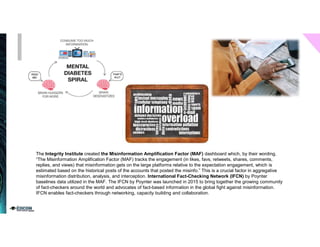 The Integrity Institute created the Misinformation Amplification Factor (MAF) dashboard which, by their wording,
“The Misinformation Amplification Factor (MAF) tracks the engagement (in likes, favs, retweets, shares, comments,
replies, and views) that misinformation gets on the large platforms relative to the expectation engagement, which is
estimated based on the historical posts of the accounts that posted the misinfo.” This is a crucial factor in aggregative
misinformation distribution, analysis, and interception. International Fact-Checking Network (IFCN) by Poynter
baselines data utilized in the MAF. The IFCN by Poynter was launched in 2015 to bring together the growing community
of fact-checkers around the world and advocates of fact-based information in the global fight against misinformation.
IFCN enables fact-checkers through networking, capacity building and collaboration.
 