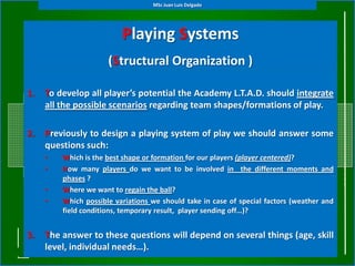 MSc Juan Luis Delgado




                          Playing Systems
                      (Structural Organization )

1.   To develop all player’s potential the Academy L.T.A.D. should integrate
     all the possible scenarios regarding team shapes/formations of play.

2.   Previously to design a playing system of play we should answer some
     questions such:
     •   Which is the best shape or formation for our players (player centered)?
     •   How many players do we want to be involved in the different moments and
         phases ?
     •   Where we want to regain the ball?
     •   Which possible variations we should take in case of special factors (weather and
         field conditions, temporary result, player sending off…)?


3.   The answer to these questions will depend on several things (age, skill
     level, individual needs…).
 
