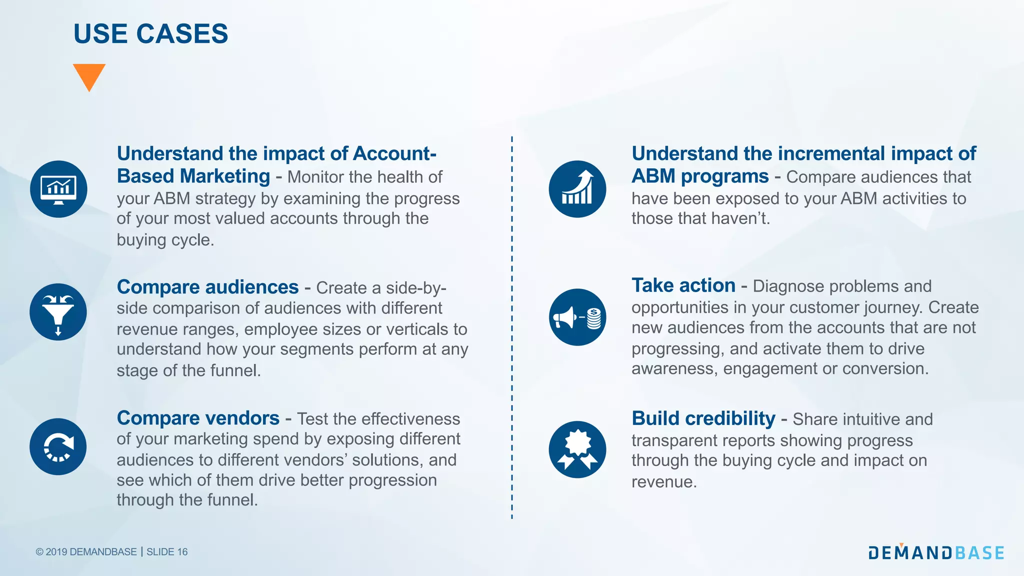© 2019 DEMANDBASE｜SLIDE 16
Understand the impact of Account-
Based Marketing - Monitor the health of
your ABM strategy by examining the progress
of your most valued accounts through the
buying cycle.
Compare audiences - Create a side-by-
side comparison of audiences with different
revenue ranges, employee sizes or verticals to
understand how your segments perform at any
stage of the funnel.
Compare vendors - Test the effectiveness
of your marketing spend by exposing different
audiences to different vendors’ solutions, and
see which of them drive better progression
through the funnel.
USE CASES
Understand the incremental impact of
ABM programs - Compare audiences that
have been exposed to your ABM activities to
those that haven’t.
Take action - Diagnose problems and
opportunities in your customer journey. Create
new audiences from the accounts that are not
progressing, and activate them to drive
awareness, engagement or conversion.
Build credibility - Share intuitive and
transparent reports showing progress
through the buying cycle and impact on
revenue.
 