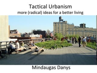 Tactical Urbanism
more (radical) ideas for a better living




        Mindaugas Danys
 