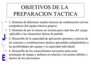 OBJETIVOS DE LA
      PREPARACION TACTICA
• 1. Dominio de diferentes medios tácticos de colaboración con los
  compañeros del equipo (táctica grupos)
• 2. Dominio de por lo menos un sistema para cada fase del juego,
   aplicable a las situaciones típicas de partido.
• 3. Desarrollo de la capacidad de aplicación oportuna y precisa de
  los sistemas y combinaciones tácticas aprendidas (adaptándolos a
  las posibilidades del equipo y la capacidad individual)
• 4. Desarrollo de los conocimientos necesarios para crear
  estrategias de ataque y defensa en relación a los puntos débiles y
  fuertes de los adversarios
 