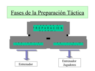 Fases de la Preparación Táctica
                   F A S E S D E L A
                  P R E P A R A C IO N
                       T A C T IC A


F A S E T E O R IC A          F A S E P R A C T IC A
   ( p r e p a r a c ió n )        ( e je c u c ió n )




                                         Entrenador
     Entrenador                           Jugadores
 