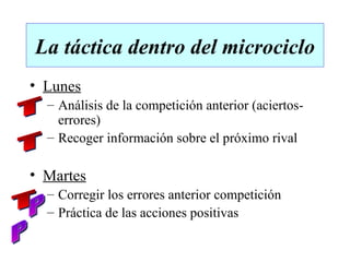 La táctica dentro del microciclo
• Lunes
  – Análisis de la competición anterior (aciertos-
    errores)
  – Recoger información sobre el próximo rival

• Martes
  – Corregir los errores anterior competición
  – Práctica de las acciones positivas
 