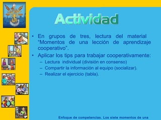 Enfoque de competencias. Los siete momentos de una
• En grupos de tres, lectura del material
“Momentos de una lección de aprendizaje
cooperativo”.
• Aplicar los tips para trabajar cooperativamente:
– Lectura individual (división en consenso)
– Compartir la información al equipo (socializar).
– Realizar el ejercicio (tabla).
 