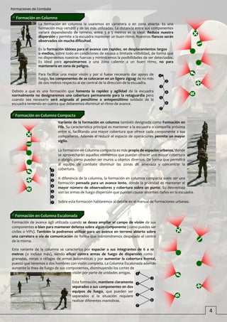 Variante de la formación en columna también designada como Formación en
Fila. Su característica principal es mantener a la escuadra o compañía próxima
entre sí, facilitando una mayor cobertura que ofrece cada componente a sus
compañeros. Además al reducir el espacio de operaciones permite un mayor
sigilo.
La formación en Columna compacta es más propia de espacios urbanos, donde
se aprovecharán aquellos elementos que puedan ofrecer una mayor cobertura
o abrigo, como pueden ser muros u objetos diversos. De forma que permitirá
al equipo de combate disminuir las zonas de amenaza y concentrar la
cobertura.
A diferencia de la columna, la formación en columna compacta suele ser una
formación pensada para un avance lento, donde la prioridad es mantener el
mayor número de observadores y cobertura sobre un punto. Su desventaja
son las armas de fuego dispersión que pueden causar enormes daños en la escuadra.
Sobre esta formación hablaremos al detalle en el manual de formaciones urbanas.
La formación en columna la usaremos en carretera o en zona abierta. Es una
formación muy versátil y de las más utilizadas. La distancia entre sus componentes
variará dependiendo de terreno, entre 3 a 5 metros es la ideal. Reduce nuestra
dispersión y permite a la escuadra mantener un buen ritmo. Nuestros flancos serán
observados sin mucha dificultad.
Es la formación idónea para el avance con rapidez, en desplazamientos largos
o medios, sobre todo en condiciones de escasa o limitada visibilidad, de forma que
no dispersemos nuestras fuerzas y minimicemos la posibilidades de ser detectados.
Es ideal para aproximarnos a una zona caliente a un buen ritmo, no para
mantenerla en zona de peligro.
Para facilitar una mejor visión y por si fuese necesario dar apoyo de
fuego, los componentes de se colocaran en un ligero zigzag de no más
de dos metros respecto al eje central de la dirección de la escuadra.
Debido a que es una formación que fomenta la rapidez y agilidad de la escuadra
normalmente no designaremos una cobertura permanente para la retaguardia pero
cuando sea necesario será asignada al penúltimo o antepenúltimo soldado de la
escuadra teniendo en cuenta que deberemos disminuir el ritmo de avance.
Formación de avance ágil utilizada cuando se desea ampliar el campo de visión de sus
componentes o bien para mantener defensa sobre algún componente (como puedes ser
civiles o VIPs). También la podremos utilizar para un avance en terreno abierto sobre
una carretera o vía de comunicación de forma que mantendremos despejado el centro
de la misma.
Esta variante de la columna se caracteriza por espaciar a sus integrantes de 6 a 10
metros (o incluso más), siendo eficaz contra armas de fuego de dispersión como
granadas, minas o ráfagas de armas automáticas y por aumentar la cobertura frontal,
puesto que tenemos a dos hombres con visión completa. La Columna Escalonada además
aumente la línea de fuego de sus componentes, disminuyendo los cortes de
visión por parte de unidades amigas.
Esta formación, mantiene claramente
separados a sus componentes en dos
equipos de fuego, que pueden ser
separados si la situación requiere
realizar diferentes maniobras.
4





















Formación en Columna
Formación en Columna Compacta
Formación en Columna Escalonada
Formaciones de Combate
 