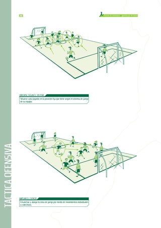 TACTICAOFENSIVA Proceso de enseñanza - aprendizaje del fútbol4400 Proceso de enseñanza - aprendizaje del fútbol
AMPLIAR EL ESPACIO
Ensanchar y alargar la zona de juego por medio de movimientos individuales
o colectivos.
UBICARSE SEGÚN EL SISTEMA
Situarse cada jugador en la posición fija que tiene según el sistema de juego
de su equipo.
 