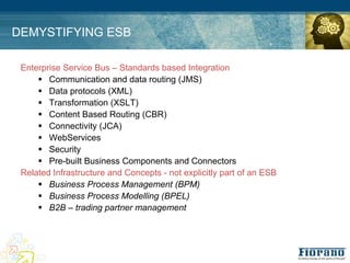 DEMYSTIFYING ESB

 Enterprise Service Bus – Standards based Integration
     ! Communication and data routing (JMS)
     ! Data protocols (XML)
     ! Transformation (XSLT)
     ! Content Based Routing (CBR)
     ! Connectivity (JCA)
     ! WebServices
     ! Security
     ! Pre-built Business Components and Connectors
 Related Infrastructure and Concepts - not explicitly part of an ESB
     ! Business Process Management (BPM)
     ! Business Process Modelling (BPEL)
     ! B2B – trading partner management
 