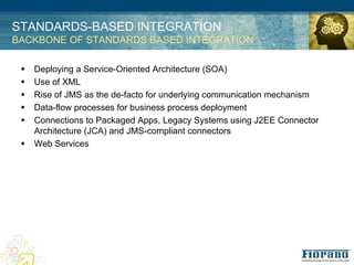 STANDARDS-BASED INTEGRATION
BACKBONE OF STANDARDS BASED INTEGRATION

 !   Deploying a Service-Oriented Architecture (SOA)
 !   Use of XML
 !   Rise of JMS as the de-facto for underlying communication mechanism
 !   Data-flow processes for business process deployment
 !   Connections to Packaged Apps, Legacy Systems using J2EE Connector
     Architecture (JCA) and JMS-compliant connectors
 !   Web Services
 