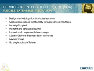 SERVICE-ORIENTED ARCHITECTURE (SOA)
FLEXIBLE, EXTENSIBLE INTEGRATION

 !   Design methodology for distributed systems
 !   Applications expose functionality through service interfaces
 !   Loosely-Coupled
 !   Platform and language neutral
 !   Impervious to implementation changes
 !   Coarse-Grained- business level Interfaces
 !   Asynchronous
 !   No single points of failure
 