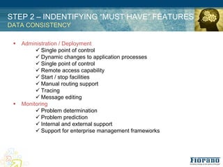STEP 2 – INDENTIFYING “MUST HAVE” FEATURES
DATA CONSISTENCY

 !   Administration / Deployment
          " Single point of control
          " Dynamic changes to application processes
          " Single point of control
          " Remote access capability
          " Start / stop facilities
          " Manual routing support
          " Tracing
          " Message editing
 !   Monitoring
          " Problem determination
          " Problem prediction
          " Internal and external support
          " Support for enterprise management frameworks
 