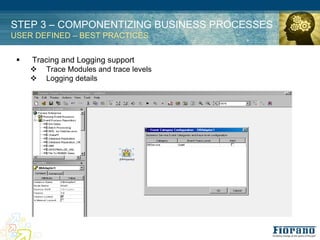 STEP 3 – COMPONENTIZING BUSINESS PROCESSES
USER DEFINED – BEST PRACTICES


 !   Tracing and Logging support
     %   Trace Modules and trace levels
     %   Logging details
 