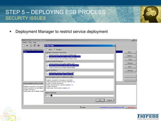 STEP 5 – DEPLOYING ESB PROCESS
SECURITY ISSUES

 !   Deployment Manager to restrict service deployment
 