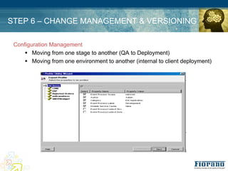 STEP 6 – CHANGE MANAGEMENT & VERSIONING

 Configuration Management
     ! Moving from one stage to another (QA to Deployment)
     ! Moving from one environment to another (internal to client deployment)
 