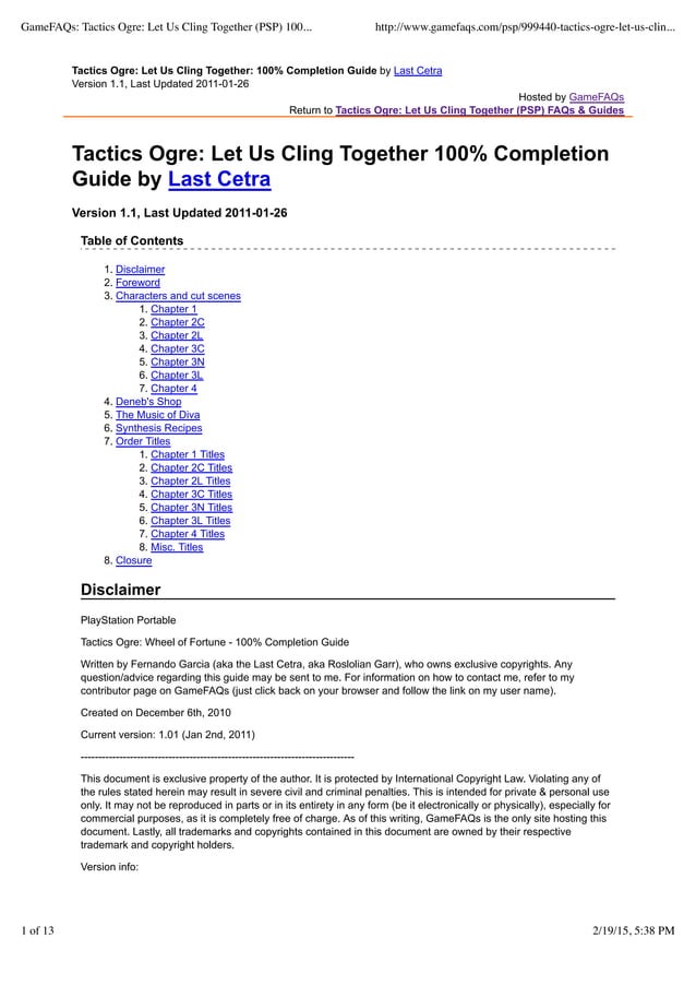 Tactics ogre let us cling together (psp) completionist guide PDF