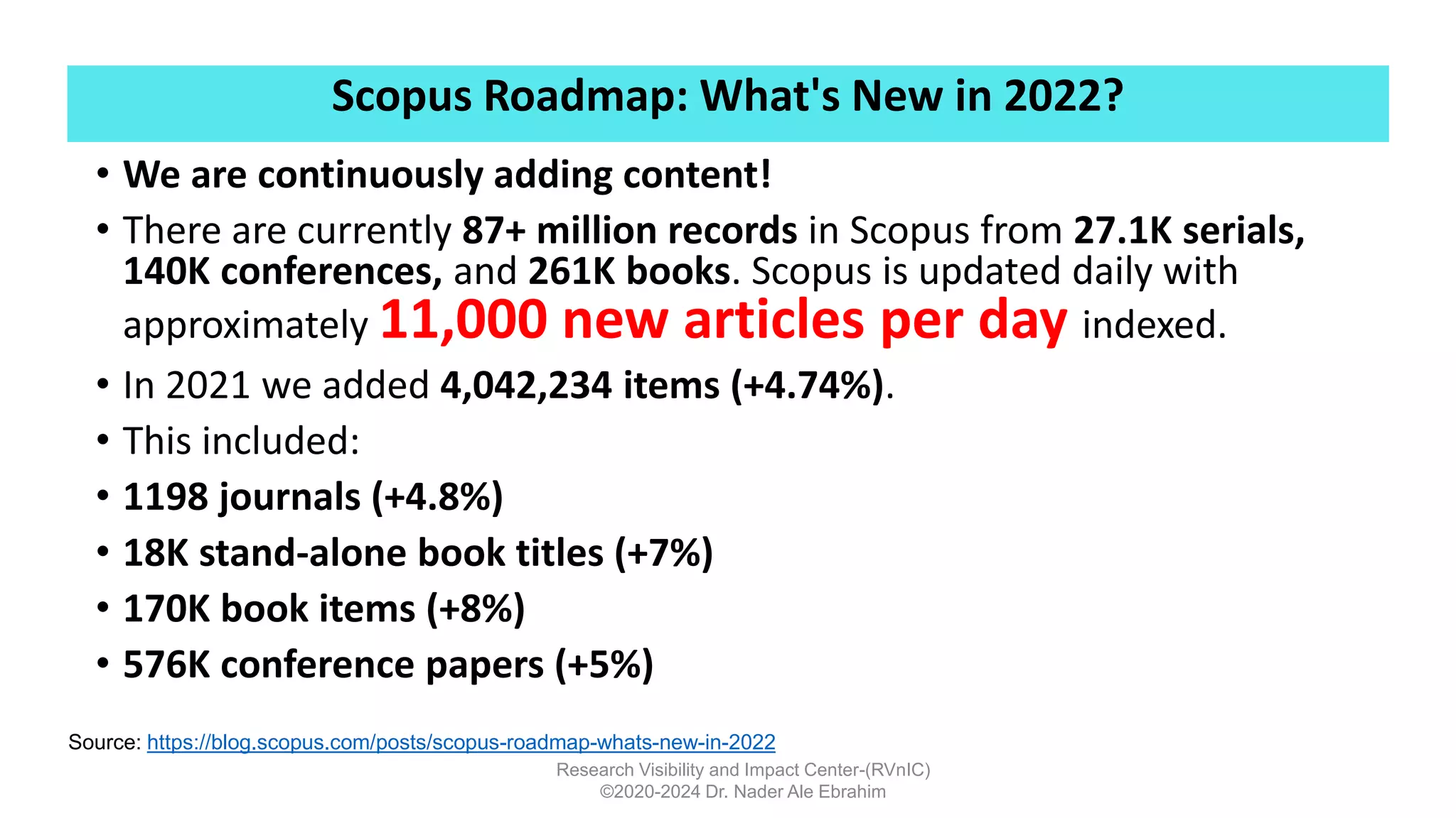 Scopus Roadmap: What's New in 2022?
Research Visibility and Impact Center-(RVnIC)
©2020-2024 Dr. Nader Ale Ebrahim
• We are continuously adding content!
• There are currently 87+ million records in Scopus from 27.1K serials,
140K conferences, and 261K books. Scopus is updated daily with
approximately 11,000 new articles per day indexed.
• In 2021 we added 4,042,234 items (+4.74%).
• This included:
• 1198 journals (+4.8%)
• 18K stand-alone book titles (+7%)
• 170K book items (+8%)
• 576K conference papers (+5%)
Source: https://blog.scopus.com/posts/scopus-roadmap-whats-new-in-2022
 