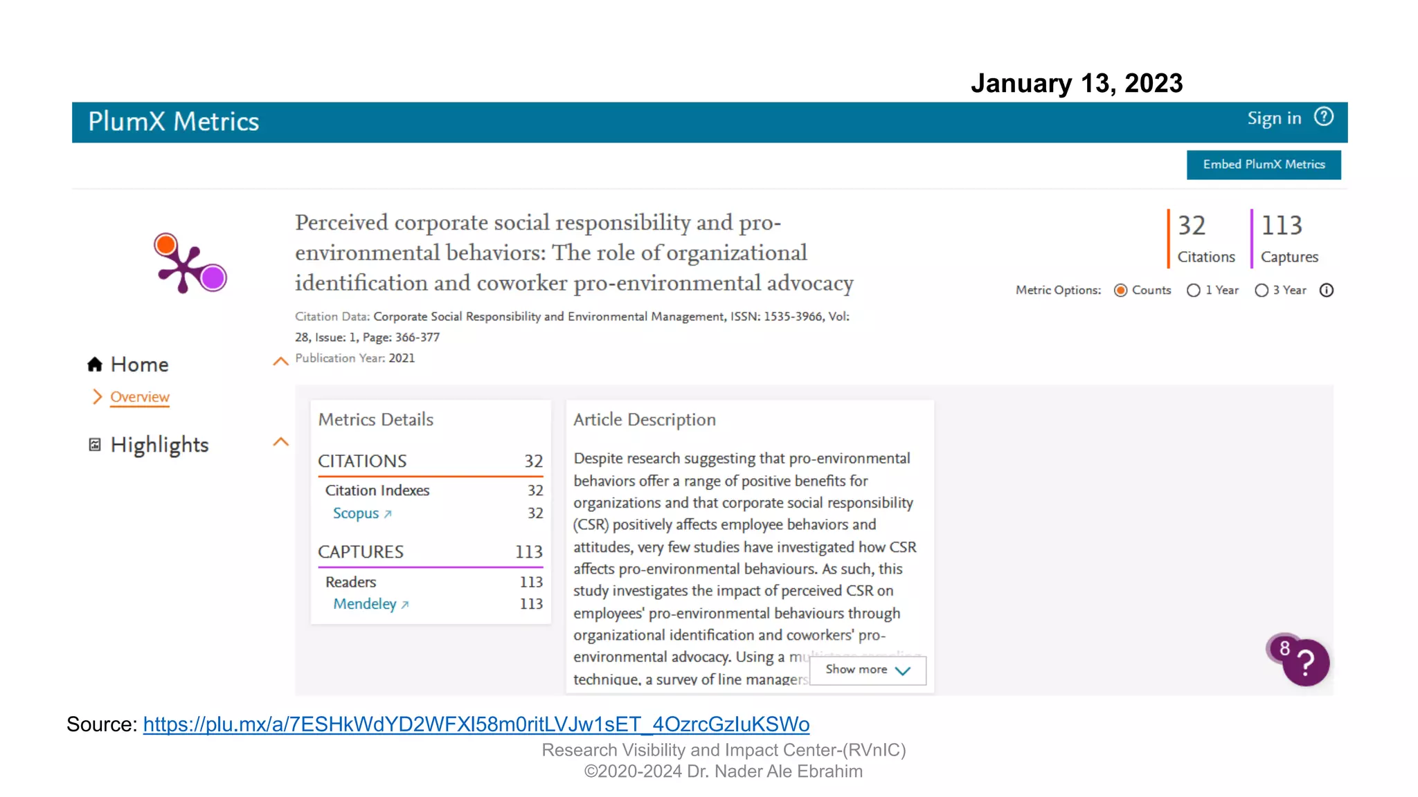 Research Visibility and Impact Center-(RVnIC)
©2020-2024 Dr. Nader Ale Ebrahim
Source: https://plu.mx/a/7ESHkWdYD2WFXl58m0ritLVJw1sET_4OzrcGzIuKSWo
January 13, 2023
 