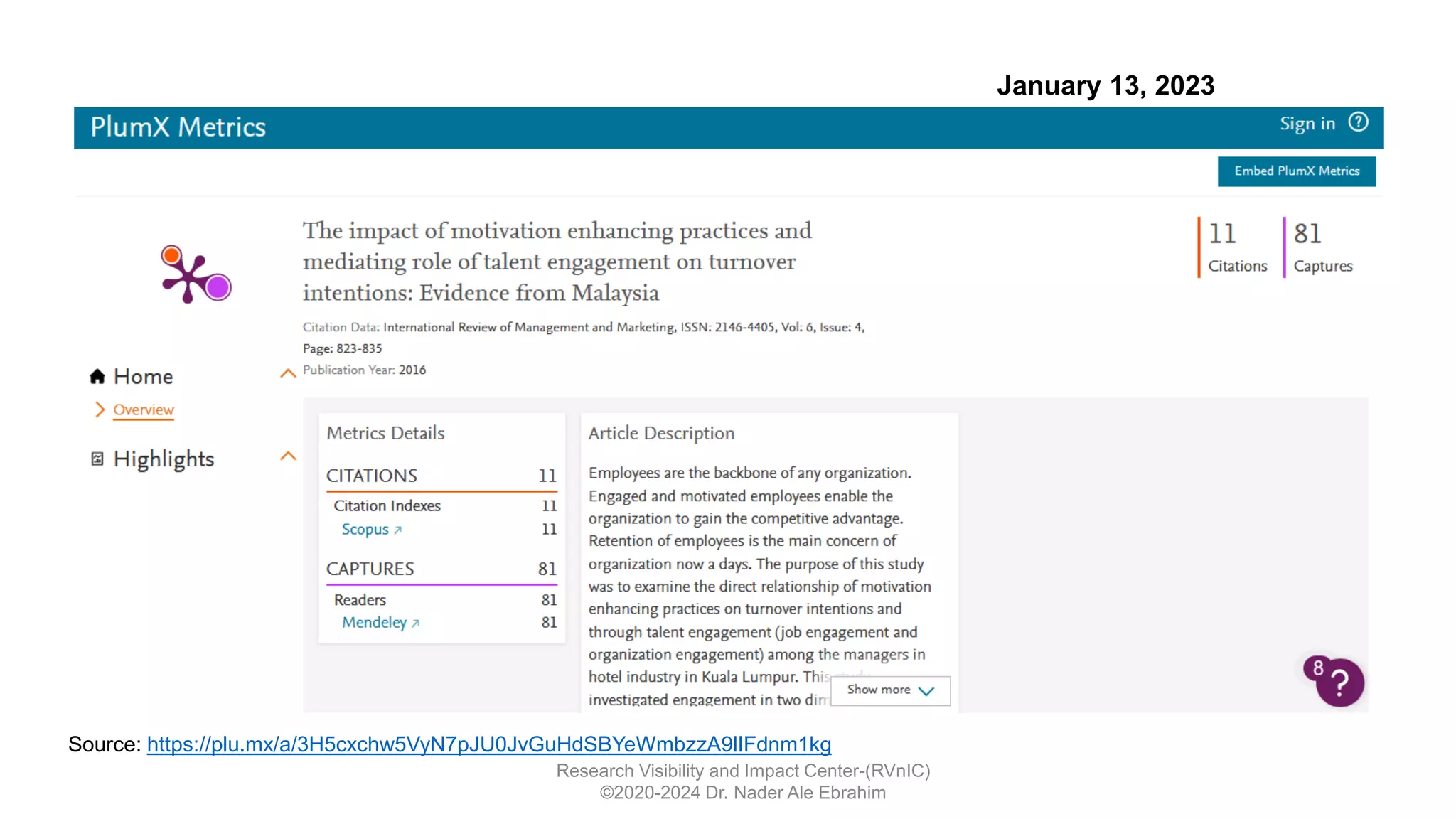 Research Visibility and Impact Center-(RVnIC)
©2020-2024 Dr. Nader Ale Ebrahim
Source: https://plu.mx/a/3H5cxchw5VyN7pJU0JvGuHdSBYeWmbzzA9lIFdnm1kg
January 13, 2023
 
