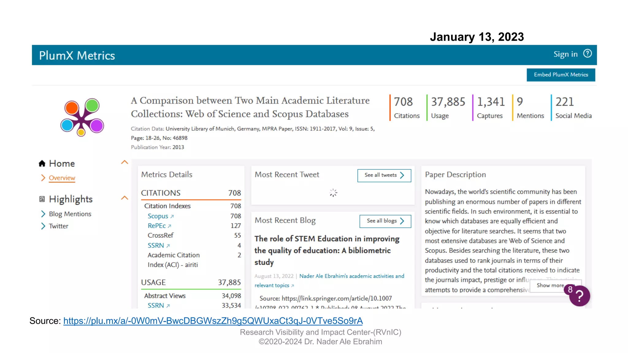 Research Visibility and Impact Center-(RVnIC)
©2020-2024 Dr. Nader Ale Ebrahim
January 13, 2023
Source: https://plu.mx/a/-0W0mV-BwcDBGWszZh9g5QWUxaCt3qJ-0VTve5So9rA
 