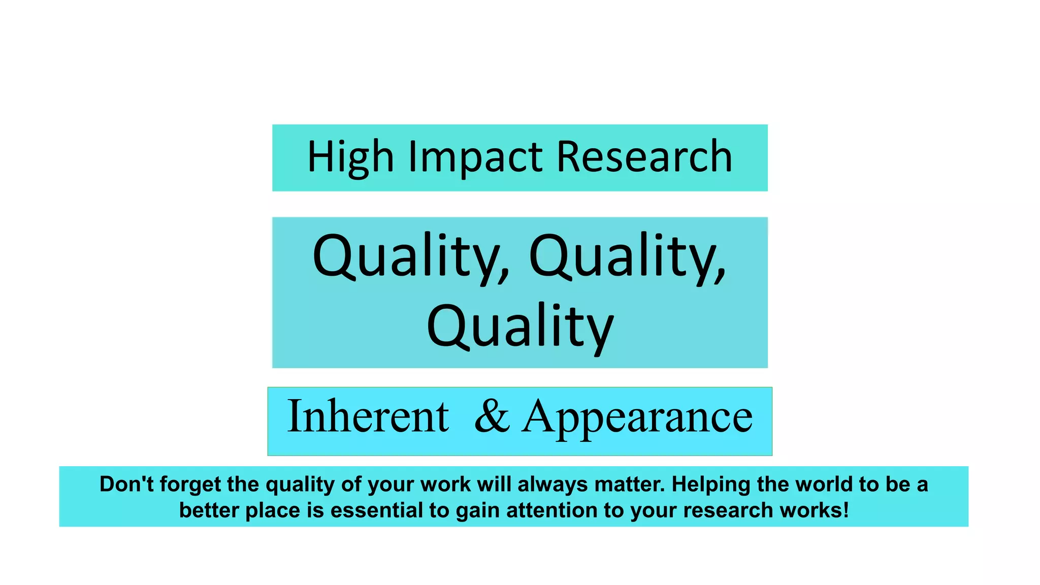 Quality, Quality,
Quality
Inherent & Appearance
High Impact Research
Don't forget the quality of your work will always matter. Helping the world to be a
better place is essential to gain attention to your research works!
 