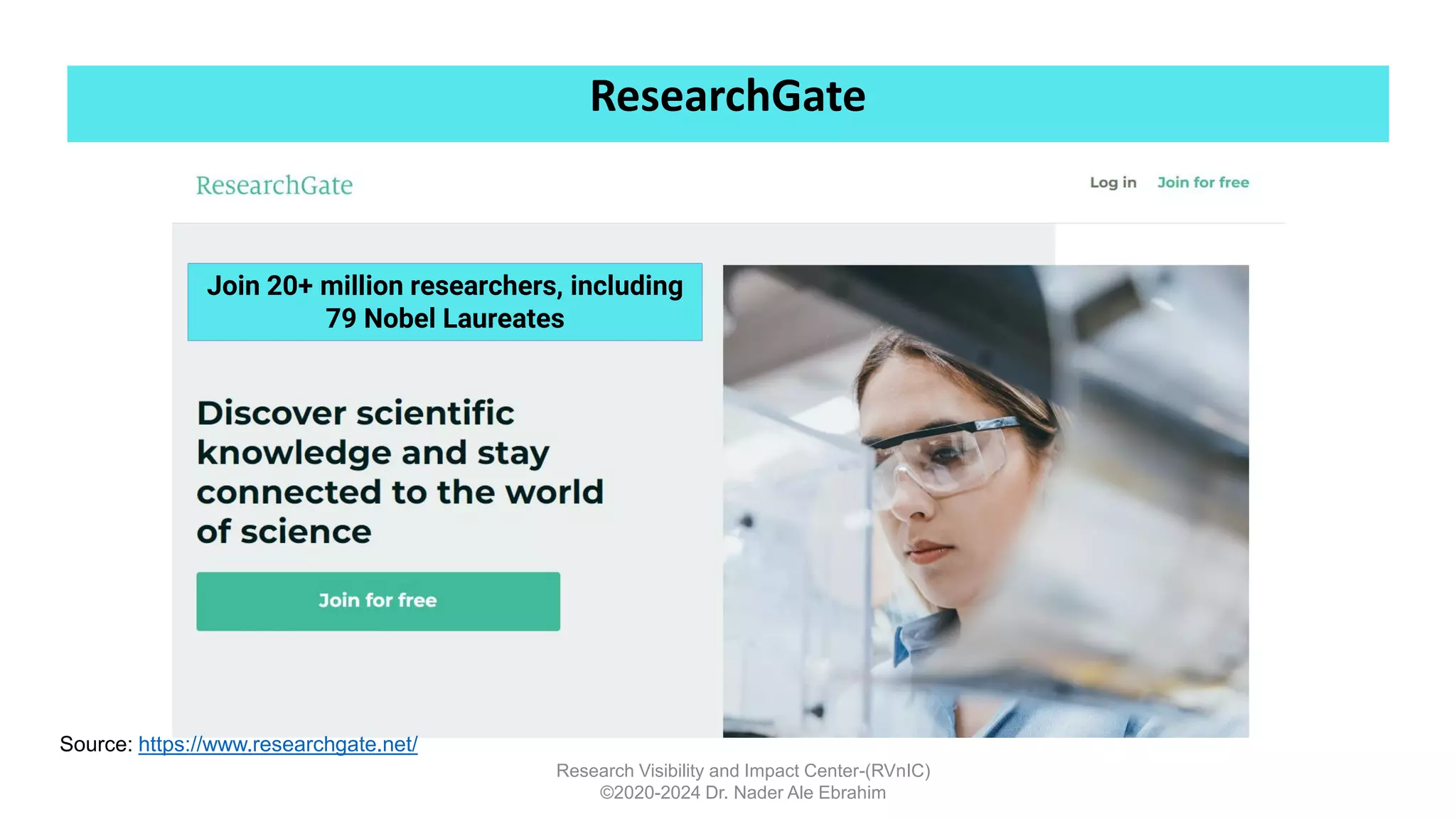 ResearchGate
Research Visibility and Impact Center-(RVnIC)
©2020-2024 Dr. Nader Ale Ebrahim
Source: https://www.researchgate.net/
Join 20+ million researchers, including
79 Nobel Laureates
 