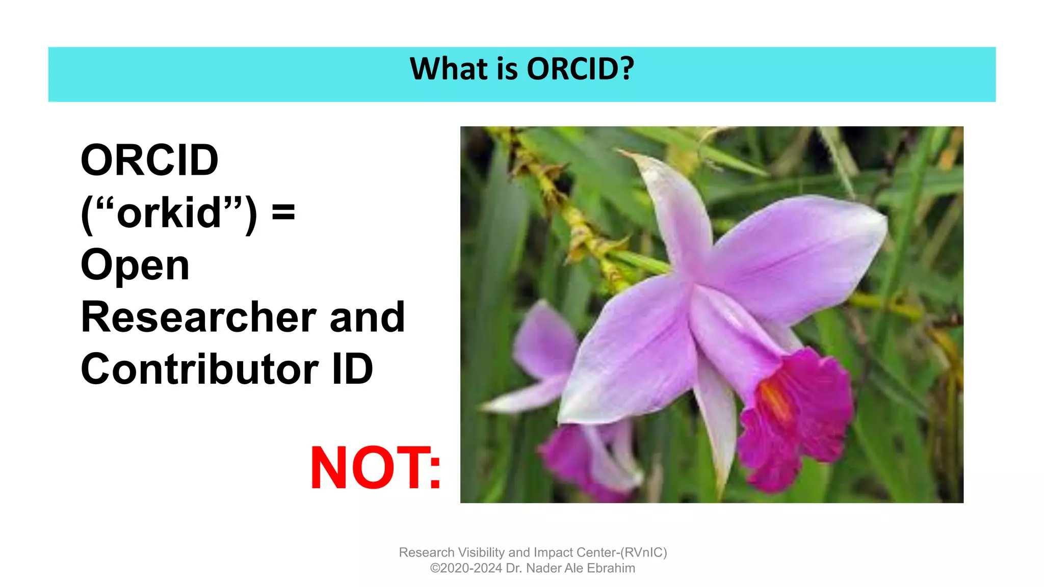 What is ORCID?
Research Visibility and Impact Center-(RVnIC)
©2020-2024 Dr. Nader Ale Ebrahim
ORCID
(“orkid”) =
Open
Researcher and
Contributor ID
NOT:
 
