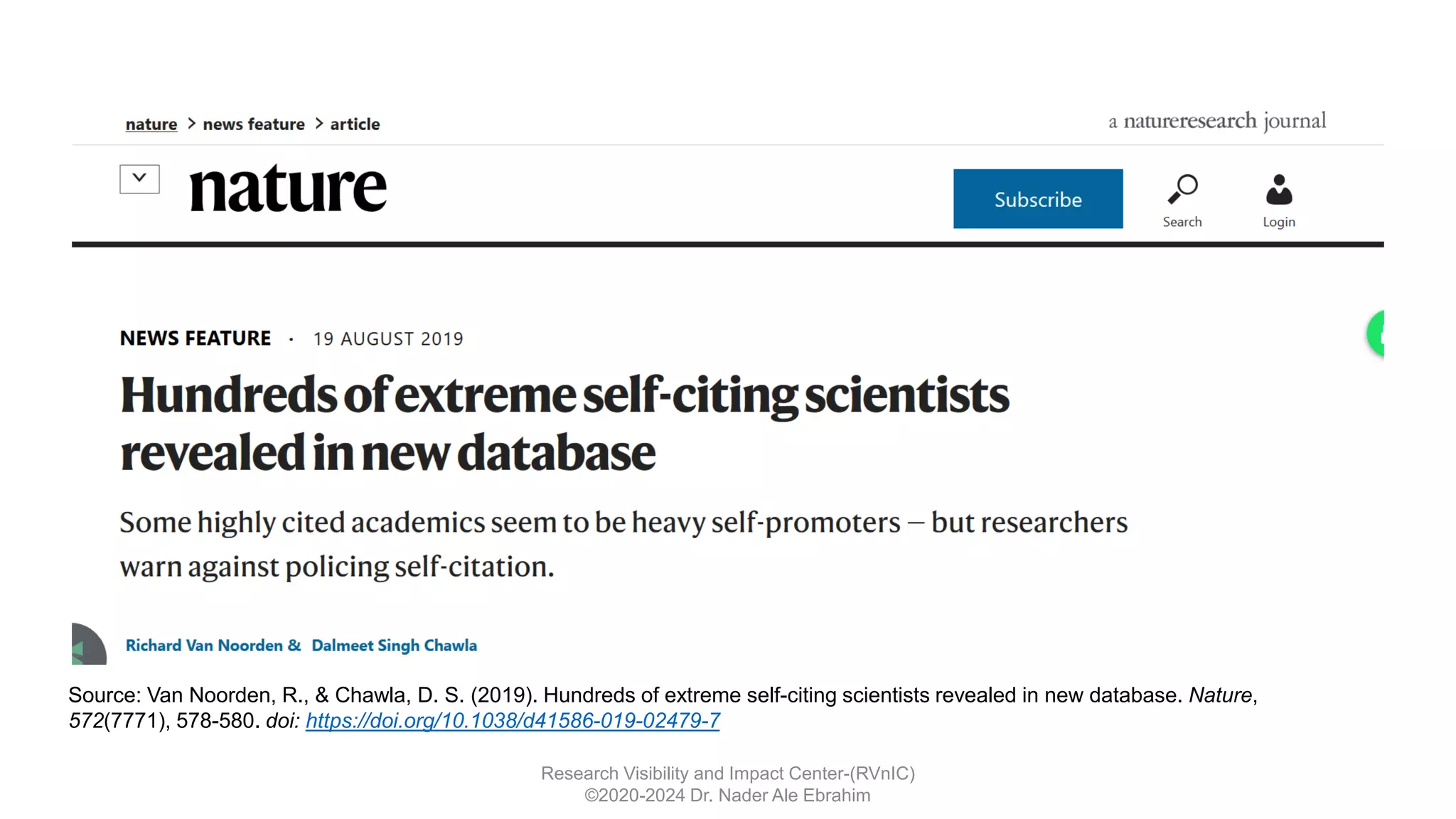 Source: Van Noorden, R., & Chawla, D. S. (2019). Hundreds of extreme self-citing scientists revealed in new database. Nature,
572(7771), 578-580. doi: https://doi.org/10.1038/d41586-019-02479-7
Research Visibility and Impact Center-(RVnIC)
©2020-2024 Dr. Nader Ale Ebrahim
 