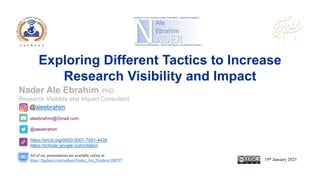 aleebrahim@Gmail.com
@aleebrahim
https://orcid.org/0000-0001-7091-4439
https://scholar.google.com/citation
Nader Ale Ebrahim, PhD
Research Visibility and Impact Consultant
19th January 2023
All of my presentations are available online at:
https://figshare.com/authors/Nader_Ale_Ebrahim/100797
@aleebrahim
Exploring Different Tactics to Increase
Research Visibility and Impact
 