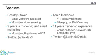 #ibmamplify
© 2015 IBM Corporation
• Beckley Stover
– Email Marketing Specialist
– Moosejaw Mountaineering
• 9 years in ma...