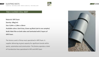 SLEEPING MATS
CLOSED CELL · INFLATABLE COMBI · ROBUST CLOSED CELL · INFLATABLE LIGHT
START BACKNEXT
TAC1 CLOSED CELL MAT
Material: IXPE foam
Density: 30kg/m3
Size: 0,64m x 1,96m x 18mm
Available colors: Dark Grey, Green og Black (ask to see samples)
Build: Matt film on both sides and laminated with 2 layers of
IXPE foam.
The factory used is Chinas most specialized in IXPE foam. A
supplier delivering at great capacity for significant brands within
sports, automotive and construction. The factory operates a total
of 9 production lines specialized in XPE and IXPE foam.
 