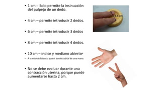 • 1 cm - Solo permite la insinuación
del pulpejo de un dedo.
• 4 cm – permite introducir 2 dedos.
• 6 cm – permite introducir 3 dedos
• 8 cm – permite introducir 4 dedos.
• 10 cm – índice y mediano abiertos.
• A la misma distancia que el borde cubital de una mano.
• No se debe evaluar durante una
contracción uterina, porque puede
aumentarse hasta 2 cm.
 