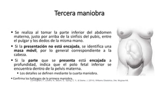 Tercera maniobra
 Se realiza al tomar la parte inferior del abdomen
materno, justo por arriba de la sínfisis del pubis, entre
el pulgar y los dedos de la misma mano.
 Si la presentación no está encajada, se identifica una
masa móvil, por lo general correspondiente a la
cabeza.
 Si la parte que se presenta está encajada a
profundidad, indica que el polo fetal inferior se
encuentra dentro de la pelvis materna.
 Los detalles se definen mediante la cuarta maniobra.
 Confirma los hallazgos de la primera maniobra.
Cunningham, F., Leveno, K., Bloom, S., Spong, C. Y., & Dashe, J. (2014). Williams Obstetrics, 24e. Mcgraw-hill.
 