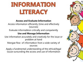 Access and Evaluate Information
Access information efficiently (time and effectively
(sources)
Evaluate informatkion critically and competently
Use and Manage Information
Use information accurately and creatively for the issue or
problem at hand
Mangae flow of informatkon from a wide variety of
sources
Apply a fundmental understanding of the ethical/legal
issuse surounding the access and use of information
 