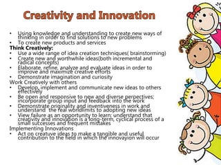 • Using knowledge and understanding to create new ways of
thinking in order to find solutions to new problems
• To create new products and services
Think Creatively:
• Use a wide range of idea creation techniques( brainstorming)
• Create new and worthwhile ideas(both incremental and
radical concepts)
• Elaborate, refine, analyze and evaluate ideas in order to
improve and maximize creative efforts
• Demonstrate imagination and curiosity
Work Creatively with others
• Develop, implement and communicate new ideas to others
effectively
• Be open and responsive to new and diverse perpectives;
incorporate group input and feedback into the work
• Demonstrate originality and inventiveness in work and
understand the real worldlimits to adopting new ideas
• View failure as an opportunity to learn; understand that
creativity and innovation is a long-term, cyclical process of a
small successes and frequent mistakes
Implementing Innovations
• Act on creatuve ideas to make a tangible and useful
contribution to the field in which the innovayion will occur
 