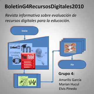 BoletinG4RecursosDigitales2010 Revista informativa sobre evaluación de recursos digitales para la educación. Inicio Fin Grupo 4: Amarilis García Marian Hucul Elvis Pinedo 