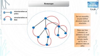 47
T.A.D
Remarque
structuration en
arbre
structuration en
liste
Sur un ensemble,
on peut définir
plusieurs types de
structures
Dans une liste
(chainée), un
élément a un seul
représentant
suivant, tandis
qu’il y en a
plusieurs dans un
arbre
 