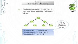 54
T.A.D
Exemples
Parcours d’un arbre binaire
2.)
*
-
+
b
a c d
Considérons l’expression “ (a + b) * (c – d) ”
ayant pour forme canonique l’arborescence
suivante :
Parcours préfixé : ( * ( + a b) ( - c d))
Parcours post-fixé : (( a b + ) (c d -) *)
Parcours infixé : (a + b) * (c – d)
Voir la
signature de
ces différents
parcours
 