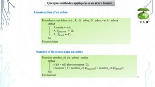 55
T.A.D
Quelques méthodes appliquées à un arbre binaire
Construction d’un arbre
Procédure creerArbre ( elt : R, G : arbre, D : arbre, var A : arbre)
Début
A.racine ← elt;
A. 𝑆𝑔𝑎𝑢𝑐ℎ𝑒 ← G;
A. 𝑆𝑑𝑟𝑜𝑖𝑡 ← D;
fin
Fin procédure
Nombre d’éléments dans un arbre
Fonction nombre_elt (A : arbre) : entier
Début
si (A = nil) alors retourner (0);
retourner ( 1 + nombre_elt (𝑆𝑔𝑎𝑢𝑐ℎ𝑒) + nombre_elt (𝑆𝑑𝑟𝑜𝑖𝑡));
Fin
Fin fonction
 