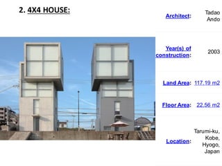 2. 4X4 HOUSE:
Architect:
Tadao
Ando
Year(s) of
construction:
2003
Land Area: 117.19 m2
Floor Area: 22.56 m2
Location:
Tarumi-ku,
Kobe,
Hyogo,
Japan
 