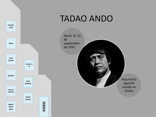 TADAO ANDO
Nació el 13
de
septiembre
de 1941,
Arquitecto
Japonés
nacido en
Osaka
introdu
cción
obras
Casa
azuma
pulitzer
Museo
moderno
Iglesia
sobre
agua
Casa 4 x
4
Hotel
westin
Casa
koshino
VIDEO
 