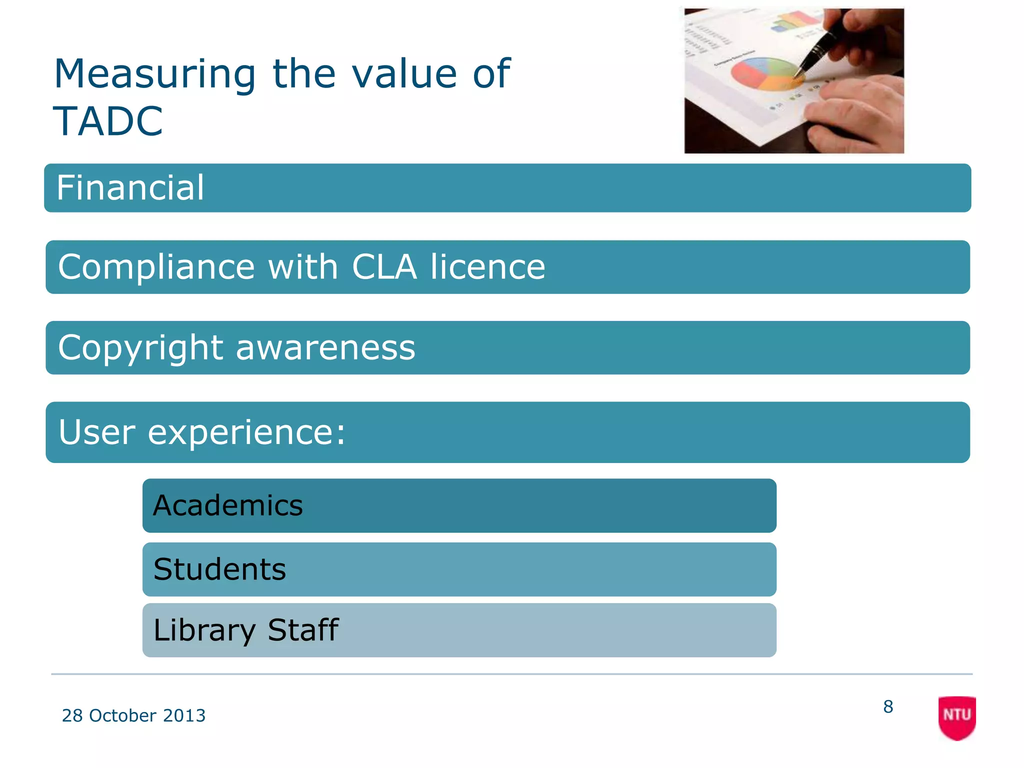 Measuring the value of
TADC
Financial
Compliance with CLA licence
Copyright awareness
User experience:
Academics

Students
Library Staff
08 November 2013

8

 